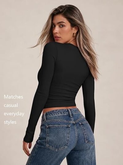 Alternative view of Trendy Queen Womens Long Sleeve T Shirts, Buttery-Soft Super Stretchy Y2K Fitted Basic Tops for Fall Fashion