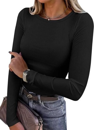 ANRABESS Women Long Sleeve Ribbed Fitted Tops, Soft Lightweight Knit Slim Basic T-Shirt for Fall & Winter Outfits
